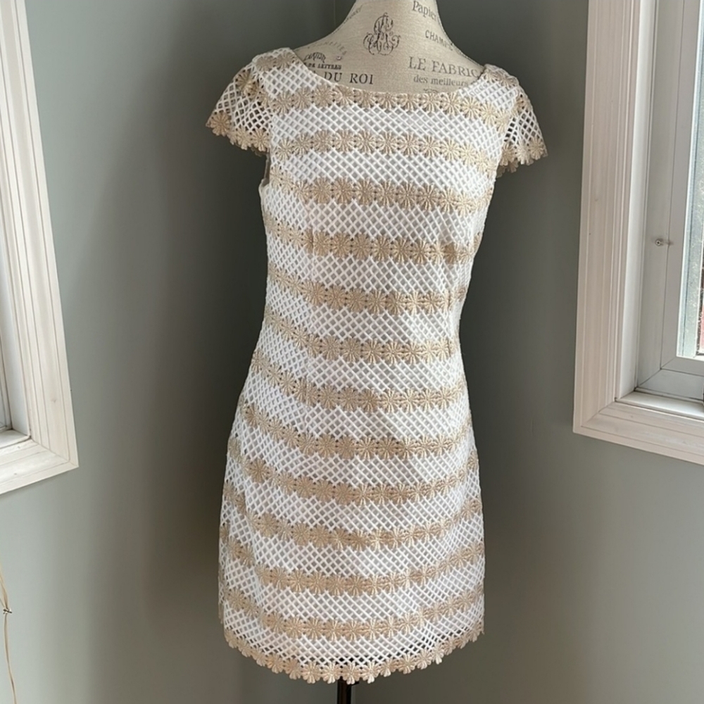 Lilly Pulitzer Gold Metallic Two Tone Lotty Daisy Barbara Mini Shift Dre…